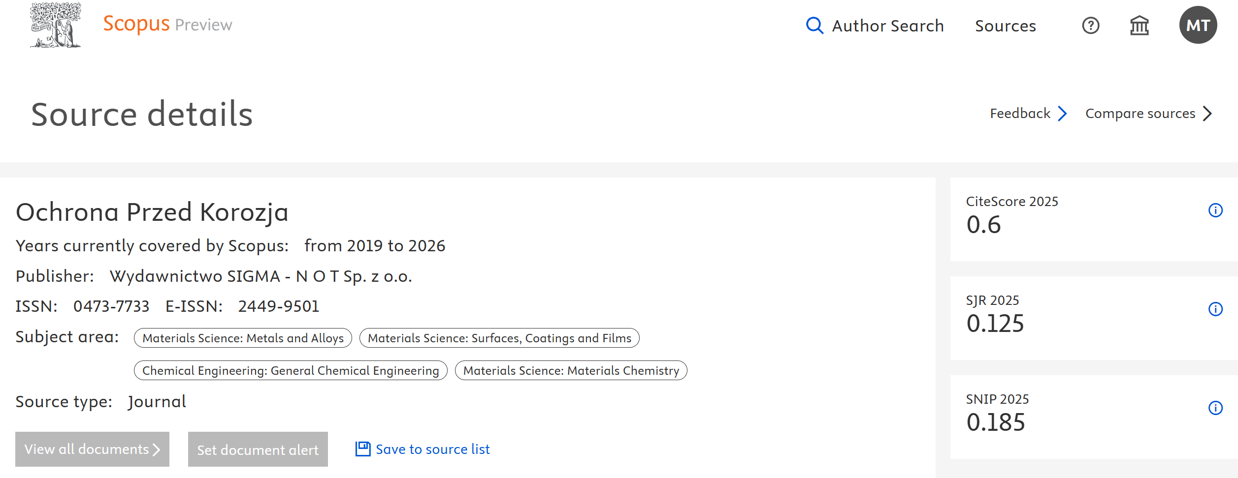 Scopus Source Details - Ochrona Przed Korozja